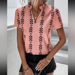 Boho geo print notched neck blouse